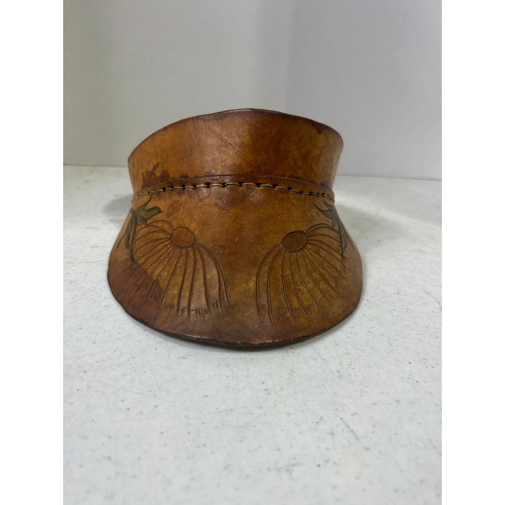 Vintage‎ Hand Tooled Leather Sun Visor Floral Western Boho Adjustable Brown Hat